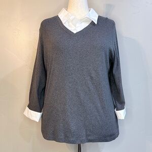 💗 Karen Scott XL Faux-Layered V-Neck Longsleeve Top— Gray with White Collar